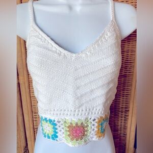 Y2K FOREVER 21 WHITE KNIT SUMMER BOHO CROP TOP S, NWOT